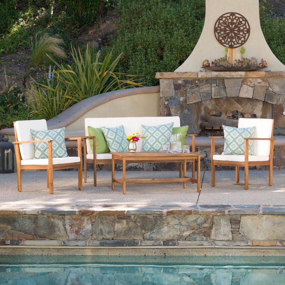 Luciano Brown 4 Piece Wood Patio Conversation Set With Beige Cushions Within Best And Newest Patio Conversation Sets And Cushions (View 11 of 15)