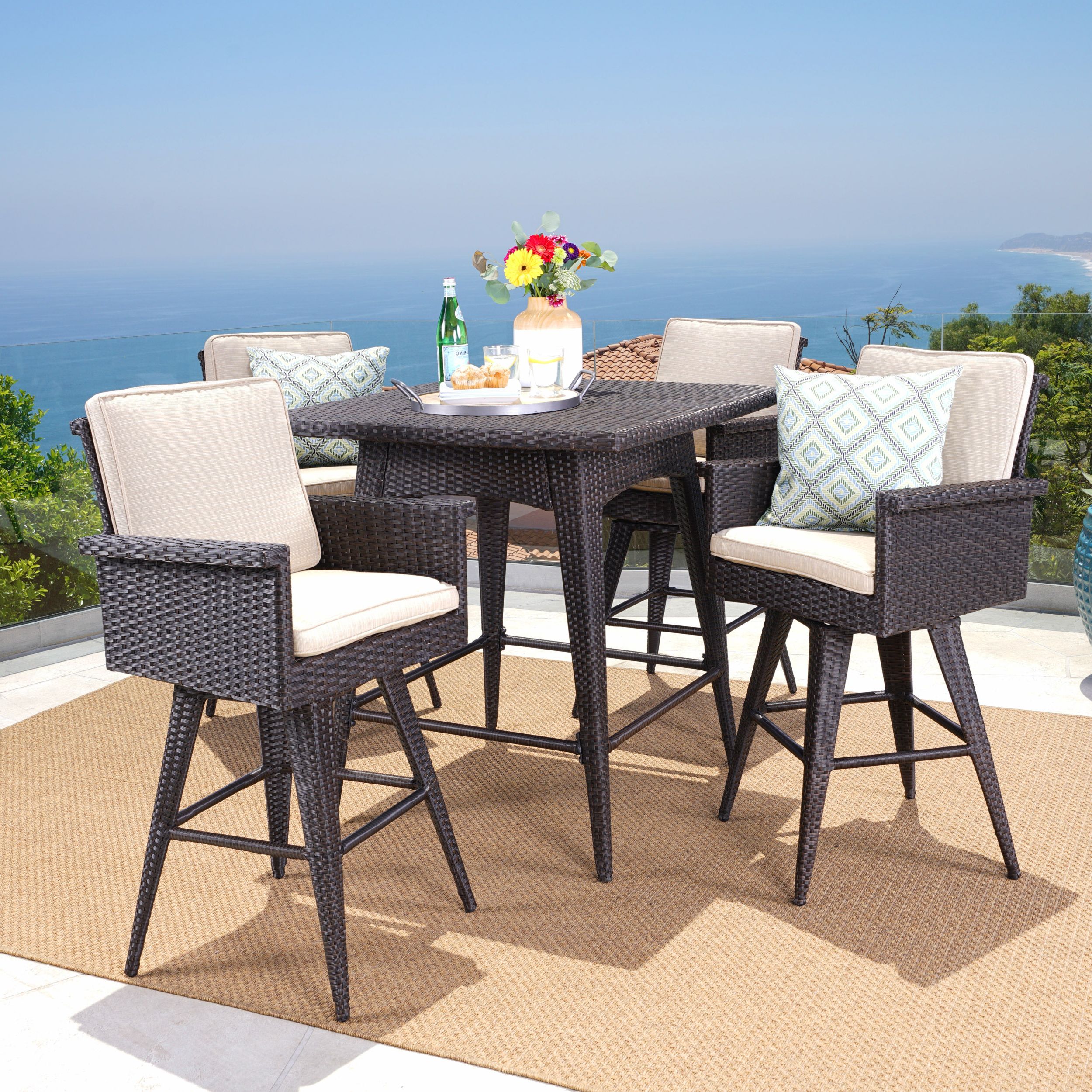 Marianne Outdoor 5 Piece Wicker Bar Height Dining Set With Sunbrella Intended For Most Recent Wicker 5 Piece Round Patio Dining Sets (View 5 of 15)