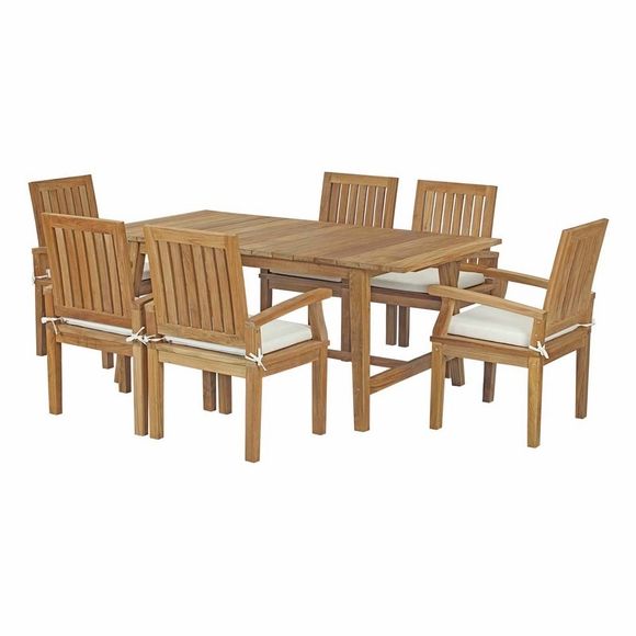 Marina 7 Piece Outdoor Patio Teak Outdoor Dining Set In Natural White In Most Recently Released 7 Pieces Teak Outdoor Dining Sets (View 10 of 15)