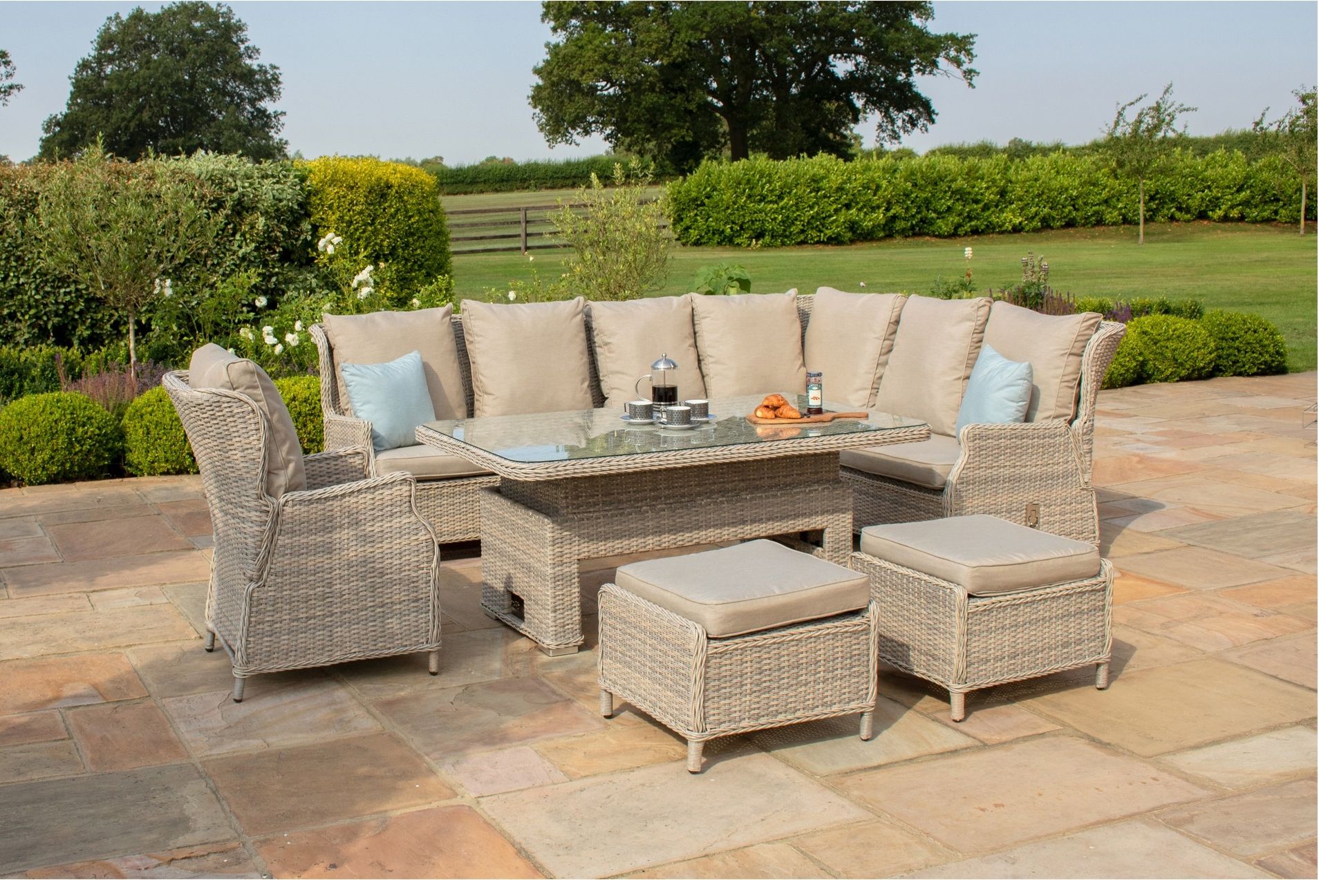 Maze Rattan Cotswolds Reclining Corner Dining Set With Rising Table Intended For Most Up To Date Fabric Outdoor Middle Chair Sets (View 5 of 15)