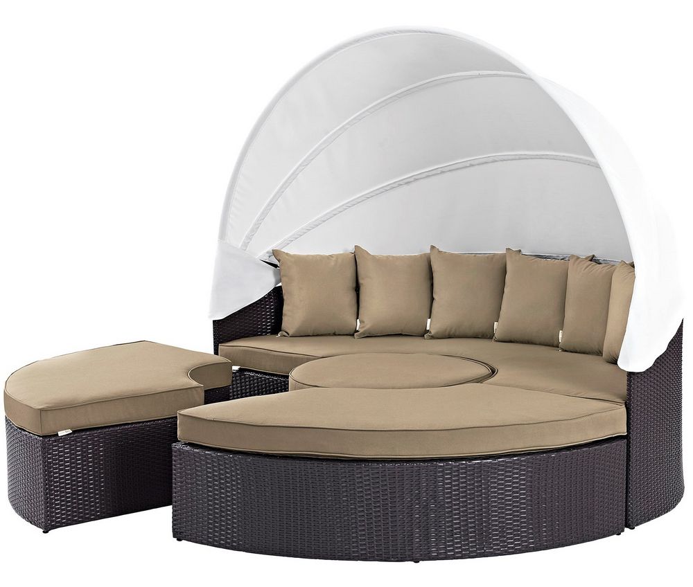 Mocha Fabric Outdoor Wicker Armchair Sets Regarding Most Up To Date Quest Mocha Fabric/espresso Pe Rattan Patio Daybedmodway (View 4 of 15)