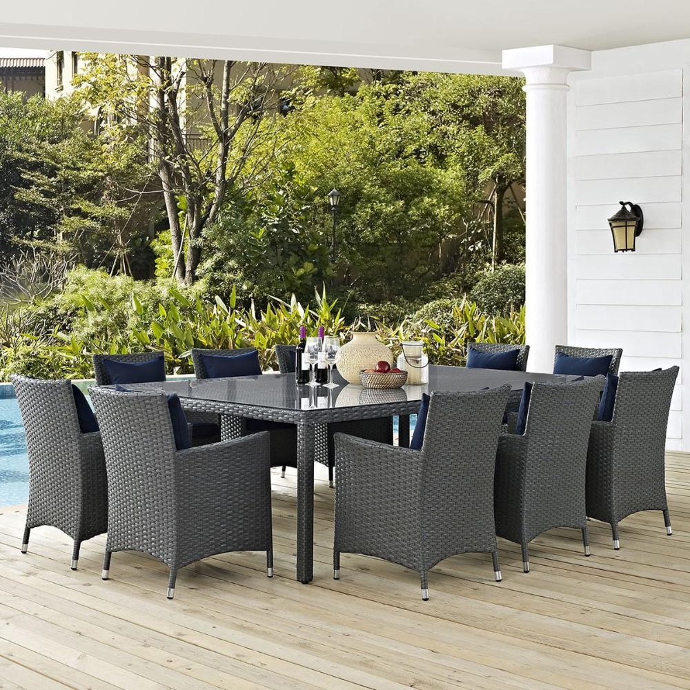 Modway Sojourn 11 Piece Outdoor Sunbrella Dining Set In Canvas Navy In Current Navy Outdoor Seating Sets (View 3 of 15)