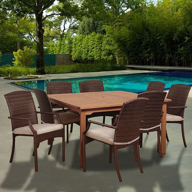 Most Current Amazonia Granada 9 Piece Eucalyptus Wood And Wicker Square Dining Set With Regard To Off White Cushion Patio Dining Sets (View 12 of 15)