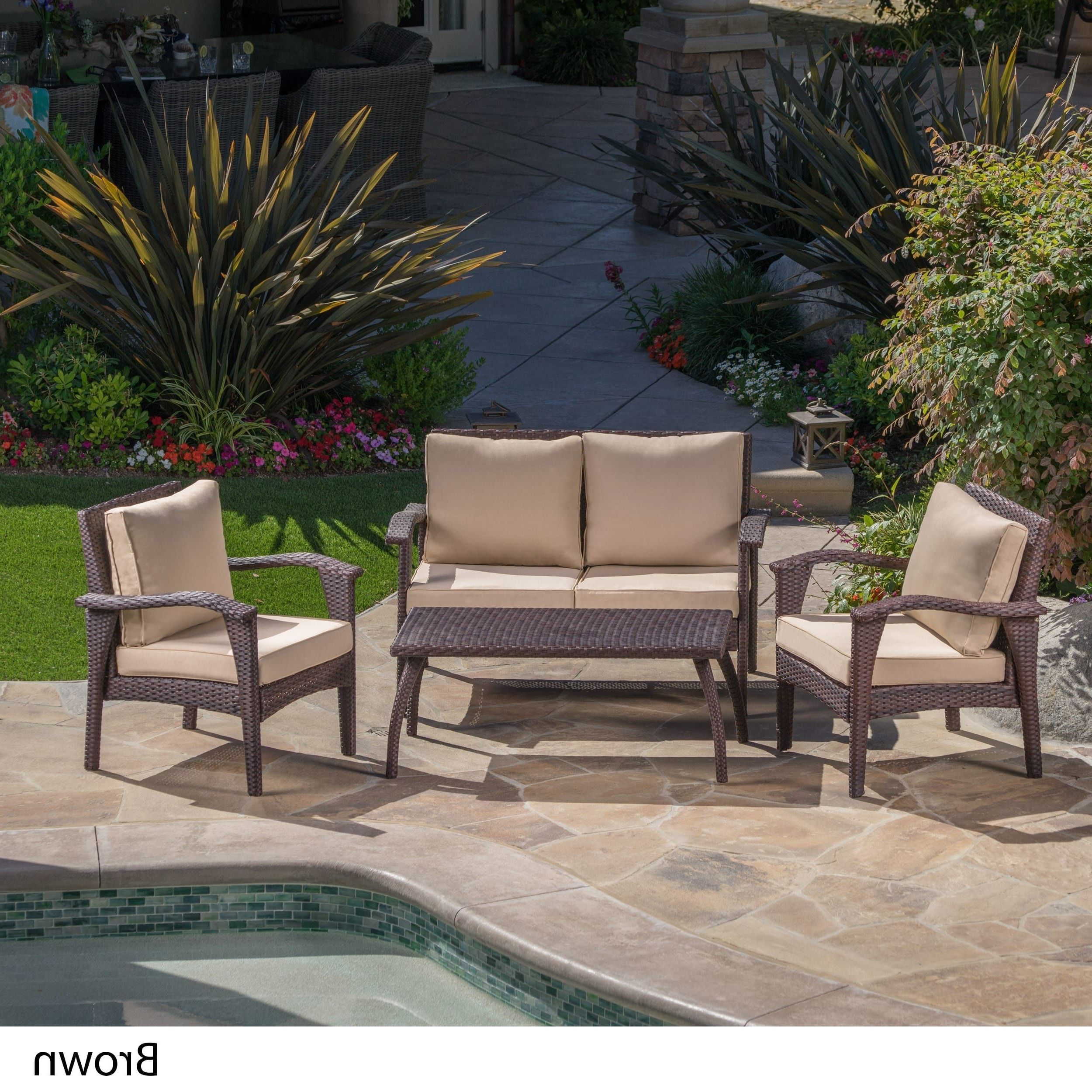 Most Current Brown Fabric Outdoor Patio Bar Chairs Sets Within Honolulu Outdoor 4 Piece Cushioned Wicker Seating Setchristopher (View 9 of 15)
