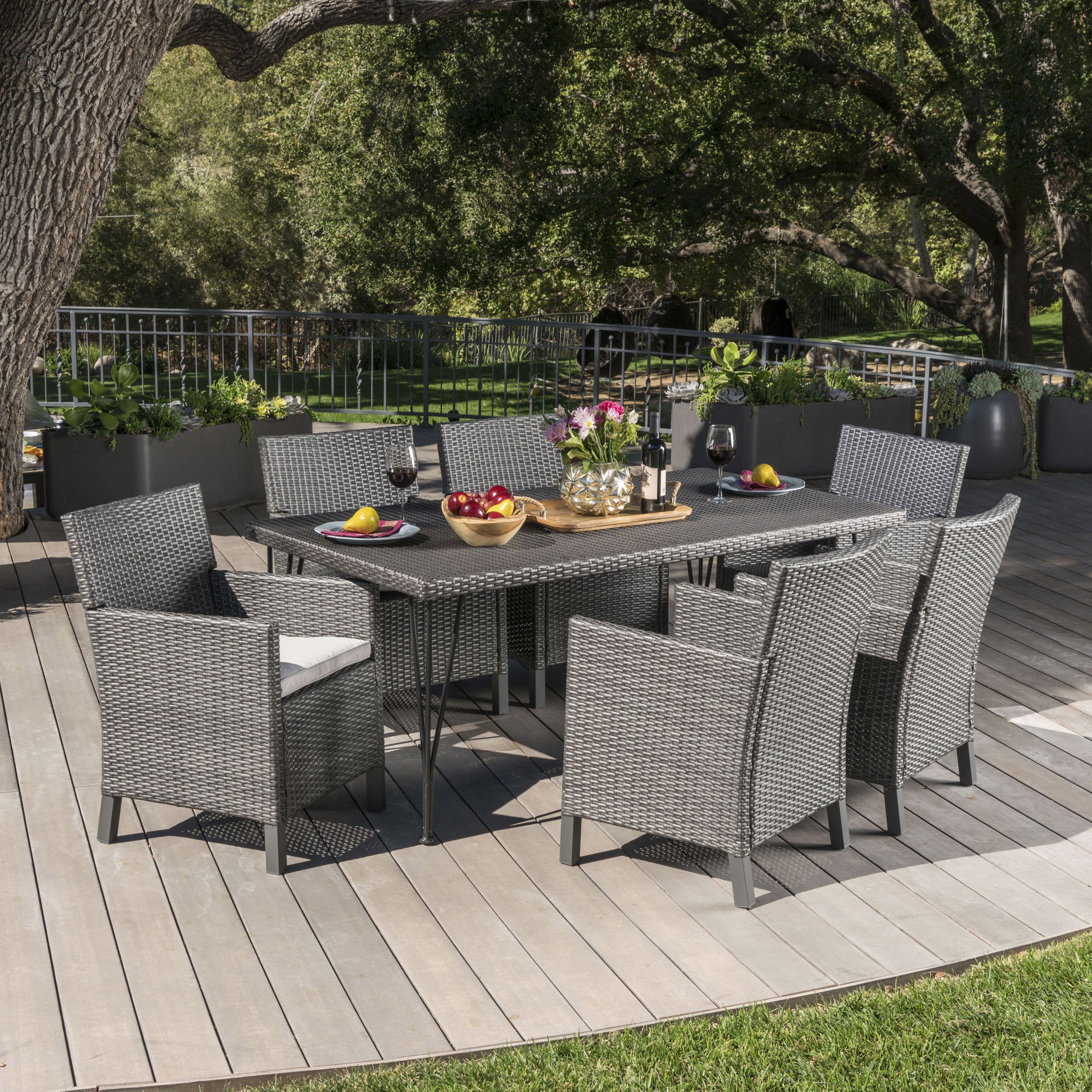 Most Current Deerborn Outdoor 7 Piece Wicker Rectangular Dining Set With Cushions For Wicker Rectangular Patio Dining Sets (View 4 of 15)