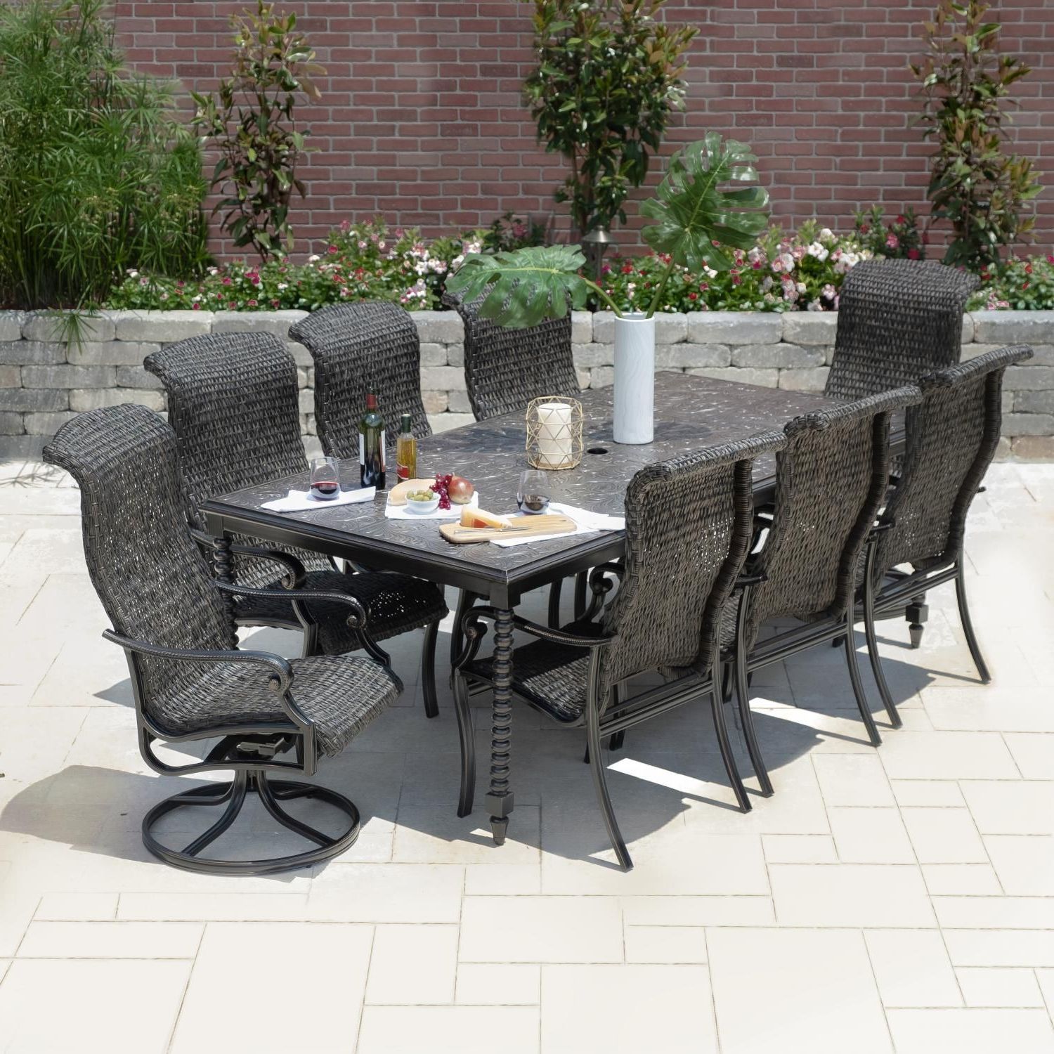 Most Current Du Monde 9 Piece Banana Leaf Wicker Patio Dining Set W/ 90 X 46 Inch Throughout Wicker Rectangular Patio Dining Sets (View 9 of 15)