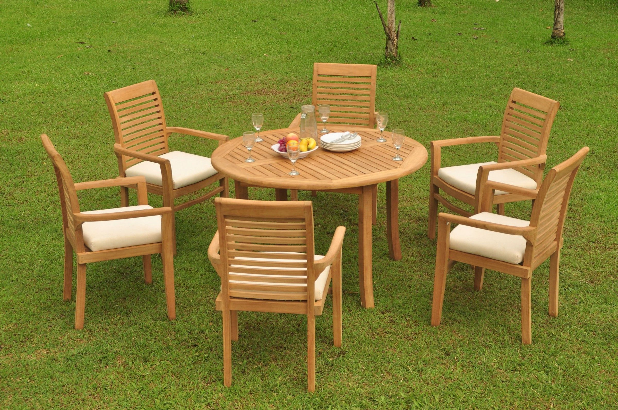 Most Current Grade A Teak Dining Set: 6 Seater 7 Pc: 48" Round Table And 6 Mas Pertaining To Teak Wood Outdoor Table And Chairs Sets (View 11 of 15)