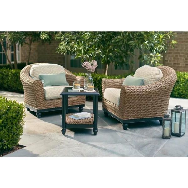 Most Current Home Decorators Collection Camden Light Brown 3 Piece Wicker Outdoor Throughout Mist Fabric Outdoor Patio Sets (View 8 of 15)