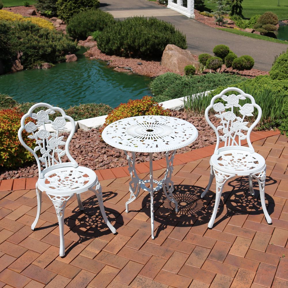 Most Current Sunnydaze 3 Piece Flower Designed Bistro Table Set With 2 Chairs Intended For 3 Piece Outdoor Table And Chair Sets (View 6 of 15)