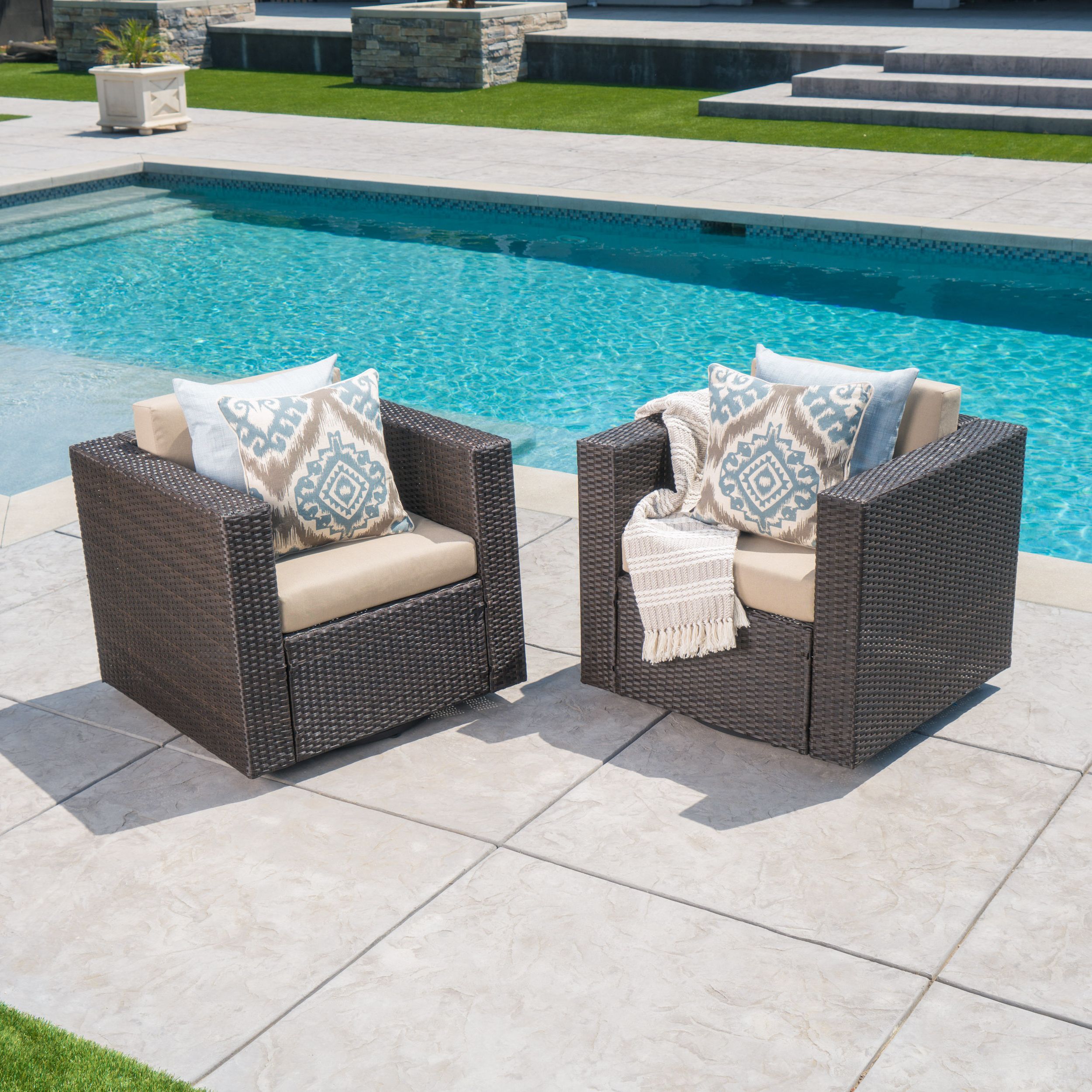 Most Current Wicker Beige Cushion Outdoor Patio Sets With Regard To Cascada Outdoor Wicker Swivel Club Chairs With Cushions, Set Of 2, Dark (View 2 of 15)