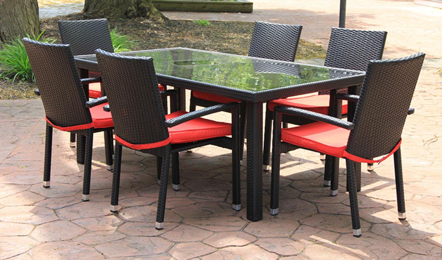 Most Popular 7 Piece Black Resin Wicker Outdoor Furniture Patio Dining Set – Red For Black Outdoor Dining Modern Chairs Sets (View 12 of 15)