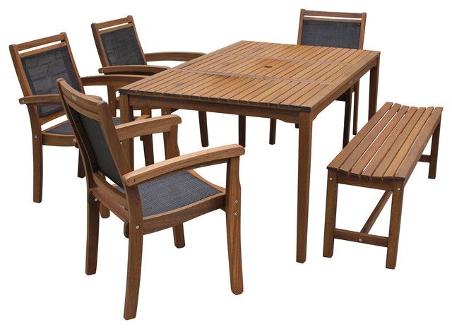 Most Popular Catania 6 Piece Sling And Eucalyptus Dining Set – Transitional Pertaining To Black Eucalyptus Outdoor Patio Seating Sets (View 7 of 15)