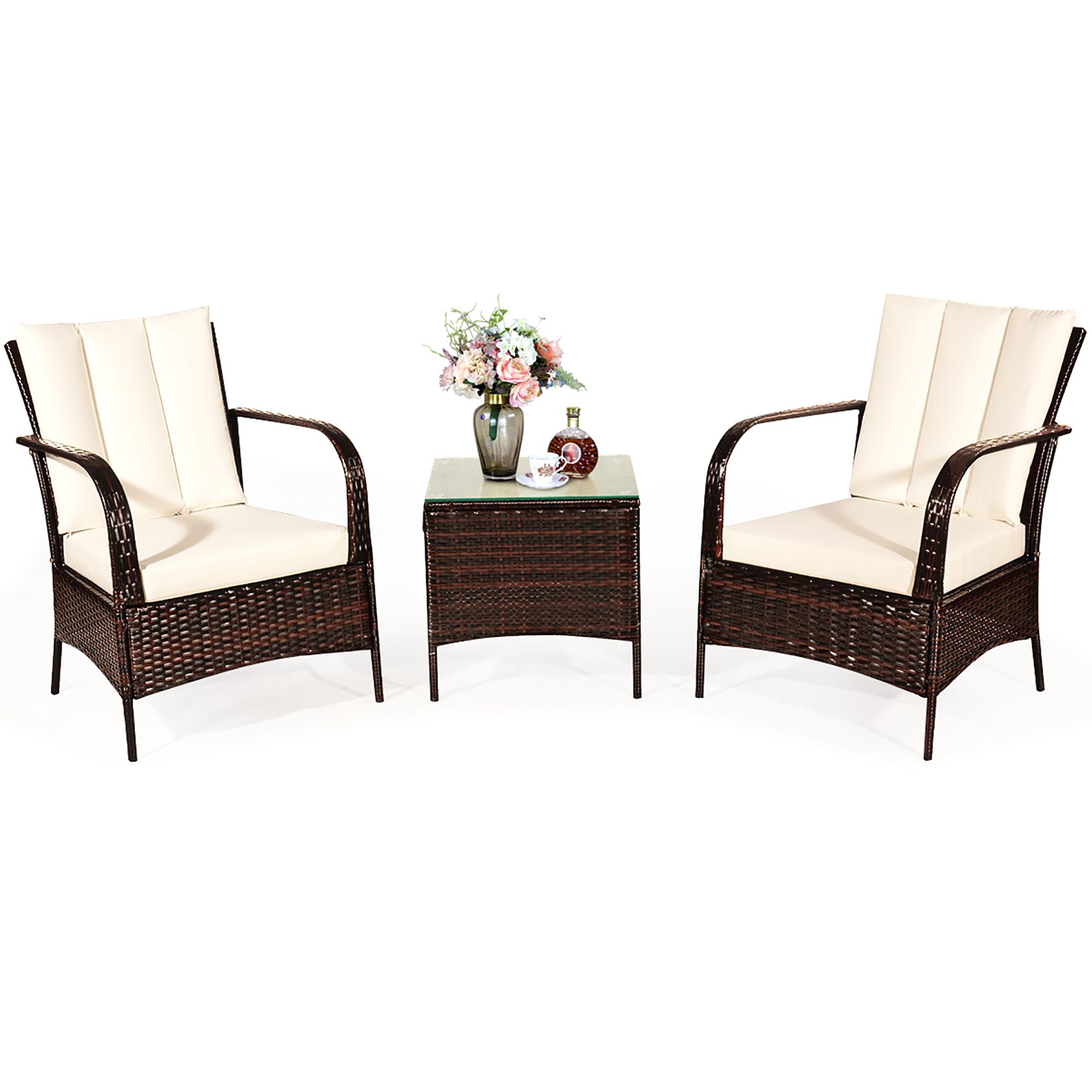 Most Popular Goplus 3 Piece Patio Wicker Rattan Furniture Set Coffee Table & 2 Intended For 3 Piece Outdoor Table And Loveseat Sets (View 13 of 15)