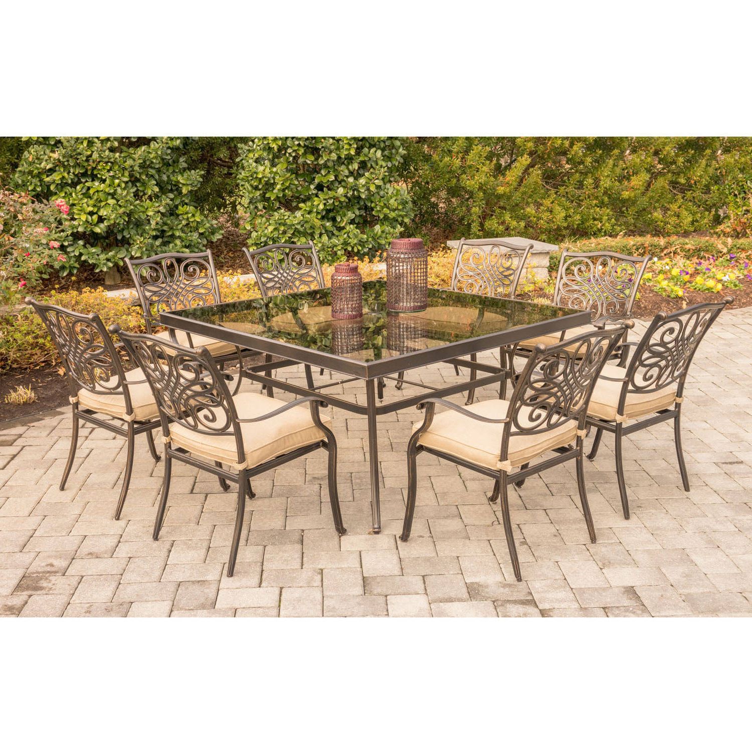 Most Popular Hanover Outdoor Traditions 9 Piece Dining Set With 60" Square Glass Top Inside Square 9 Piece Outdoor Dining Sets (View 2 of 15)