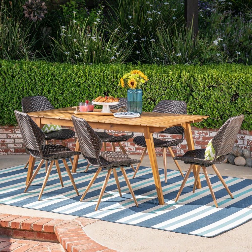 Most Popular Kevin Outdoor 7 Piece Acacia Wood And Wicker Dining Set, Teak And With Regard To Teak And Wicker Dining Sets (View 11 of 15)