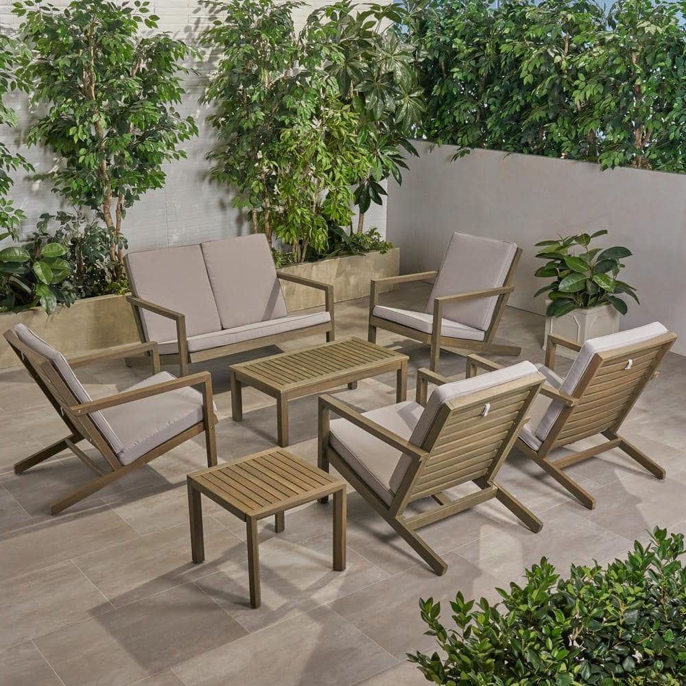 Most Popular Noble House Leah Grey 7 Piece Wood Patio Conversation Seating Set With Within Gray Wood Outdoor Conversation Sets (View 9 of 15)