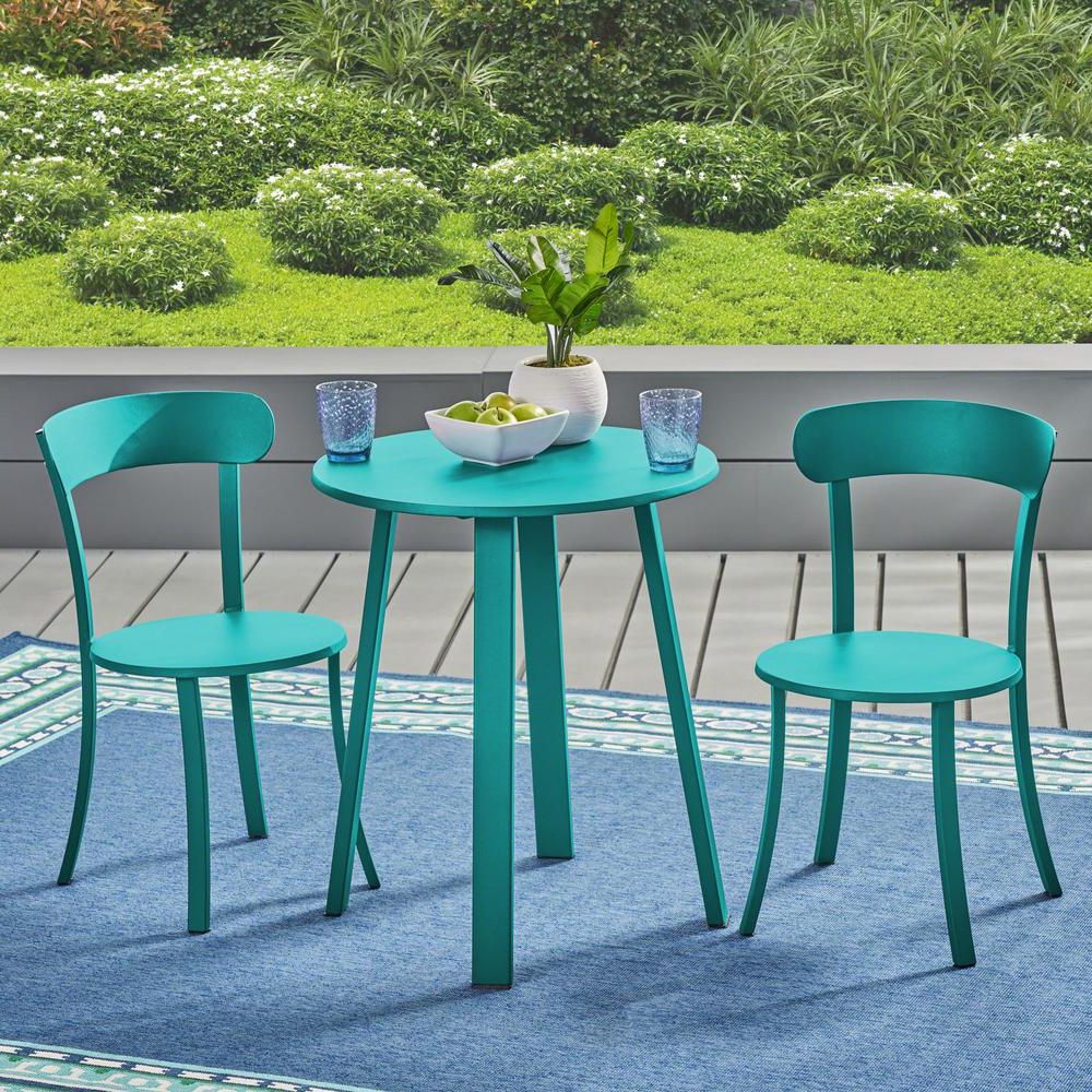 Most Popular Noble House Teagan Matte Teal 3 Piece Metal Outdoor Bistro Set 304958 Pertaining To 3 Piece Patio Bistro Sets (View 4 of 15)