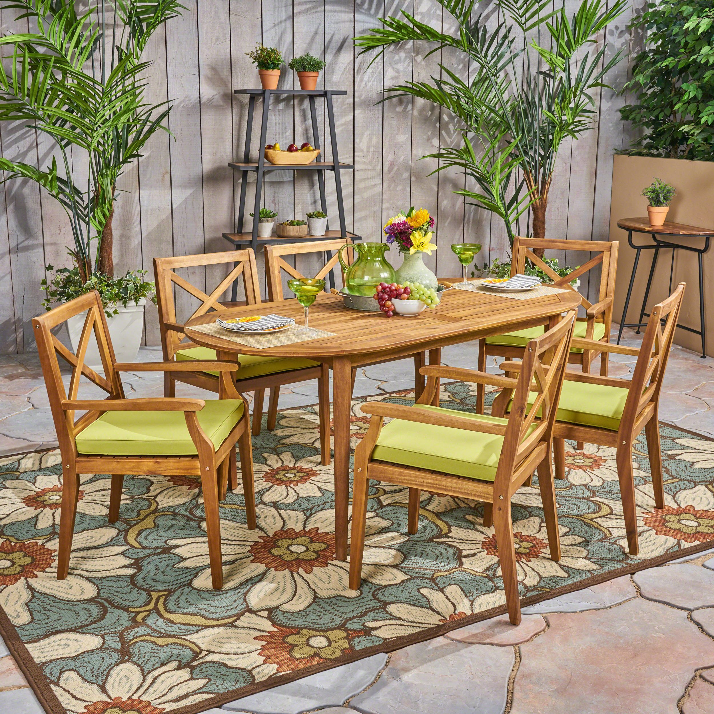 Most Popular Oakley Outdoor 7 Piece Acacia Wood Dining Set With Cushions, Teak Throughout Acacia Wood Outdoor Seating Patio Sets (View 2 of 15)