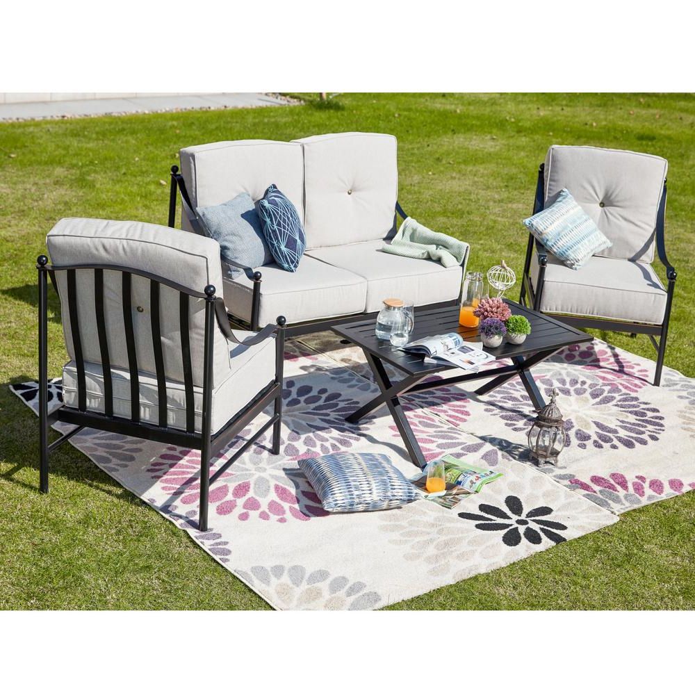 Most Popular Patio Festival 4 Piece Metal Patio Deep Seating Set With Beige Cushions Intended For 4 Piece Outdoor Seating Patio Sets (View 10 of 15)
