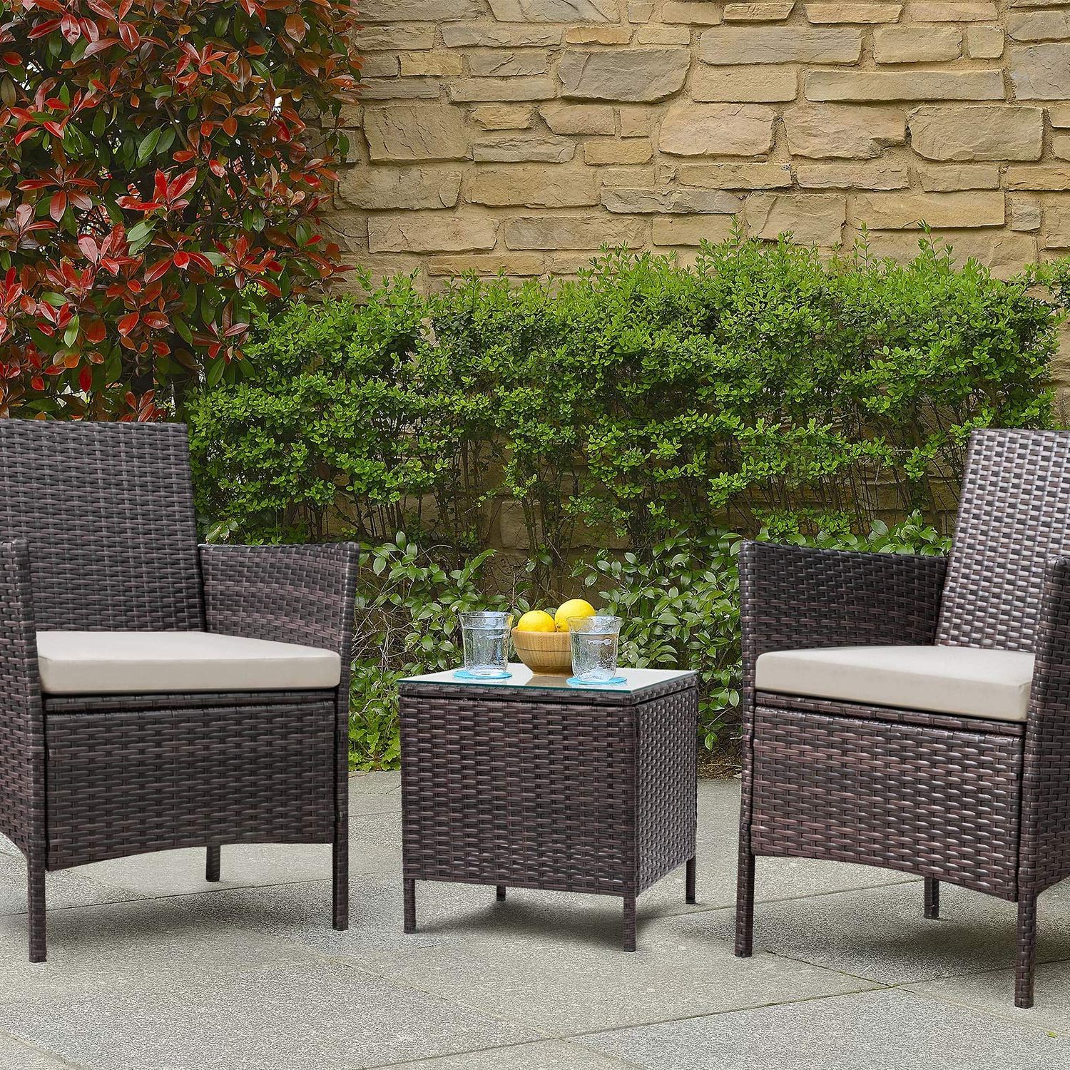 Most Popular Rattan Wicker Outdoor Seating Sets Pertaining To Devoko Patio Porch Furniture Sets 3 Pieces Pe Rattan Wicker Chairs With (View 13 of 15)