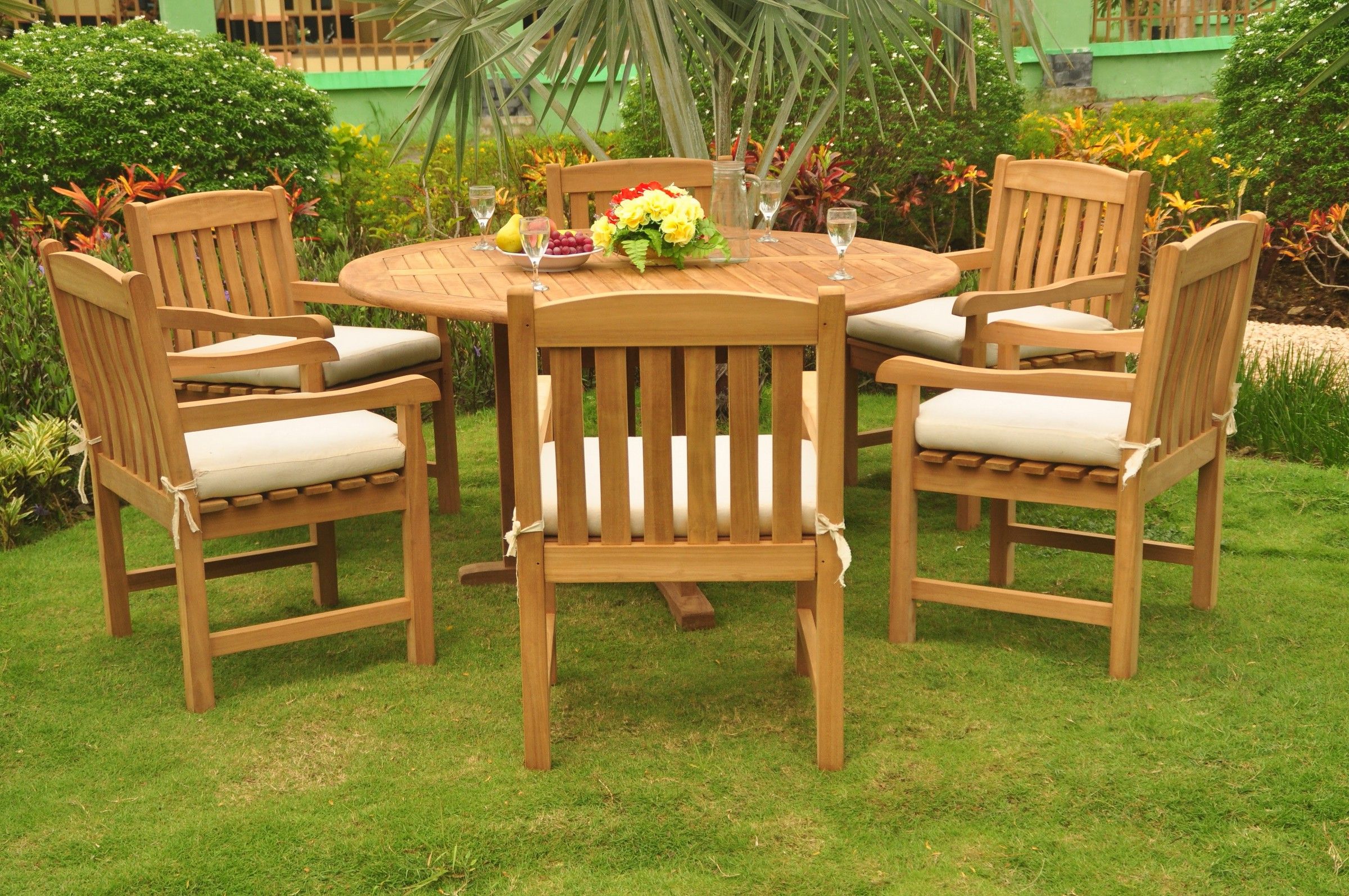 Most Popular Teak Armchair Round Patio Dining Sets Within Teak Dining Set: 6 Seater 7 Pc: 60" Round Dining Table And 6 Devon Arm (View 1 of 15)