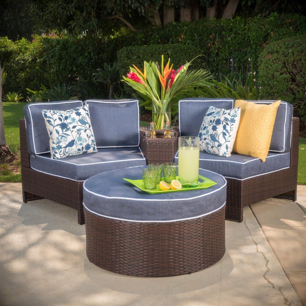 Most Recent 4 Piece Outdoor Seating Patio Sets Intended For Noble House Brown 4 Piece Wicker Patio Sectional Seating Set With Navy (View 11 of 15)
