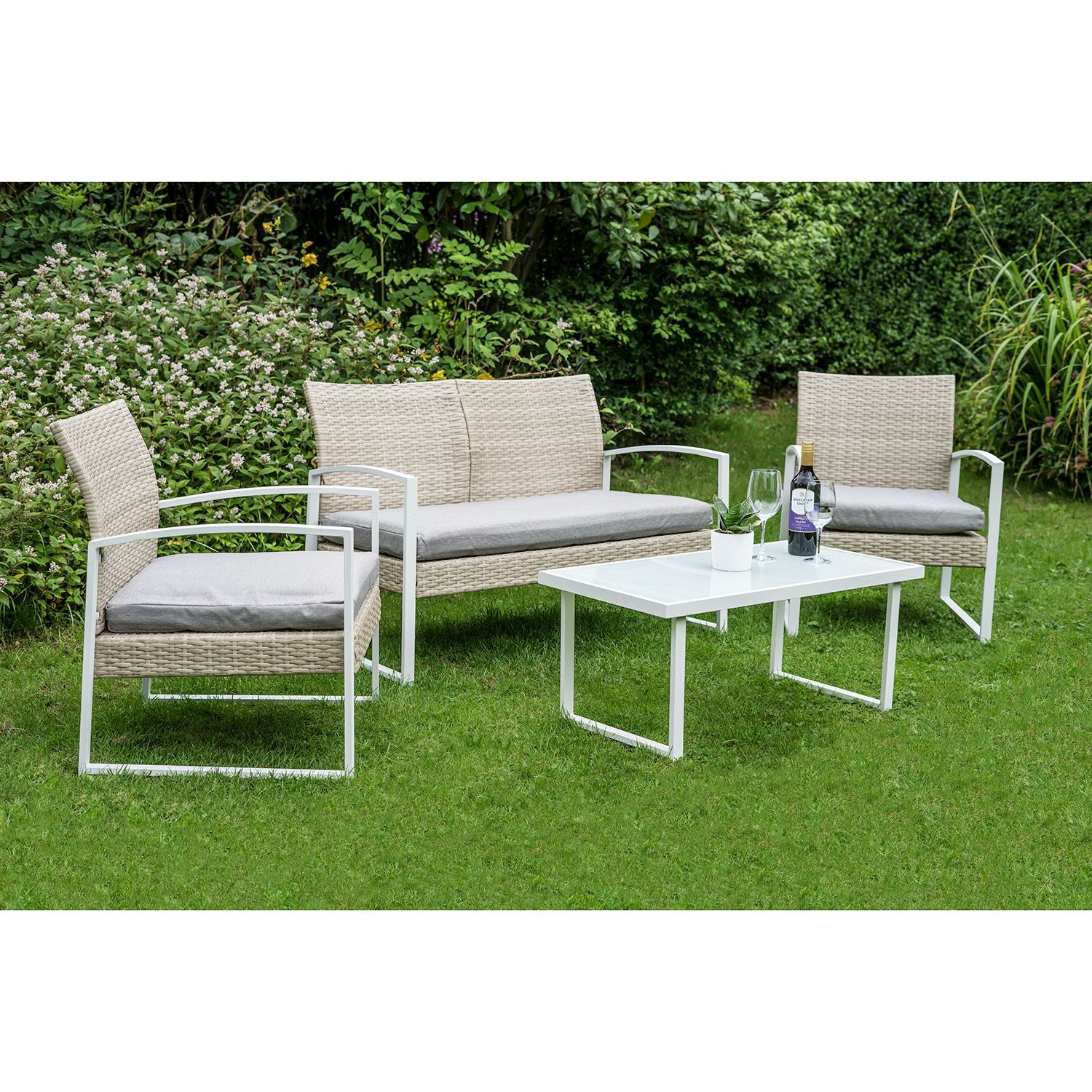 Most Recent 4 Piece Rattan Patio Outdoor Furniture Set With Grey Cushions & Table Within 4 Piece Gray Outdoor Patio Seating Sets (View 5 of 15)