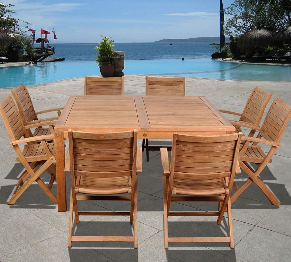 Most Recent 9 Piece Teak Outdoor Square Dining Sets Within Saldano 9 Piece Teak Square Dining Table With Maya Folding Dining (View 2 of 15)