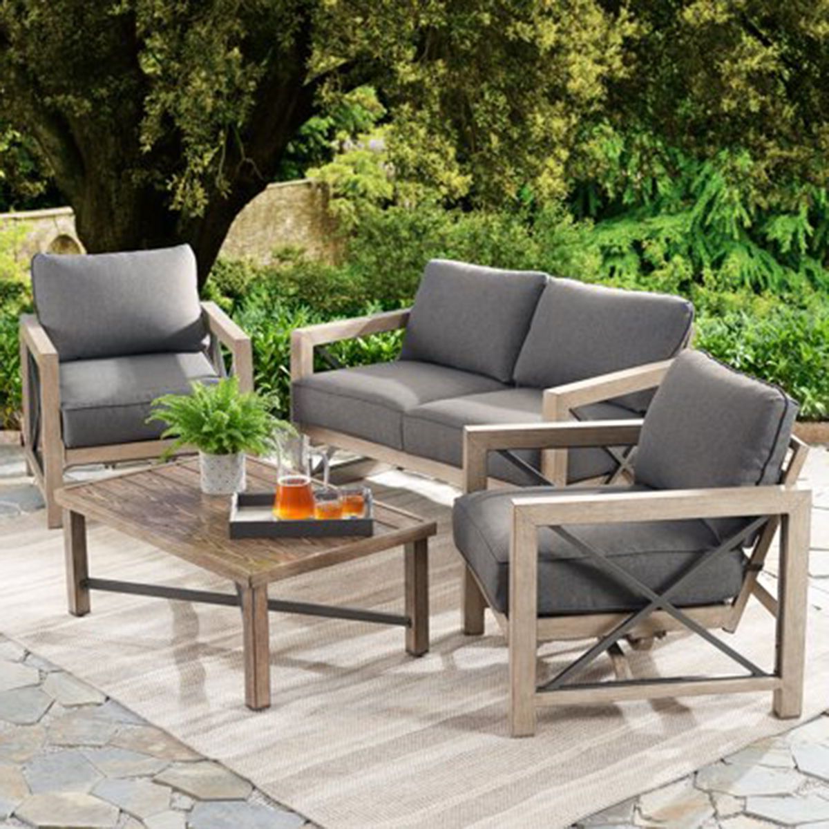 Most Recent Better Homes & Gardens Remsen 4 Piece Patio Conversation Set With Gray In Gray Wood Outdoor Conversation Sets (View 4 of 15)