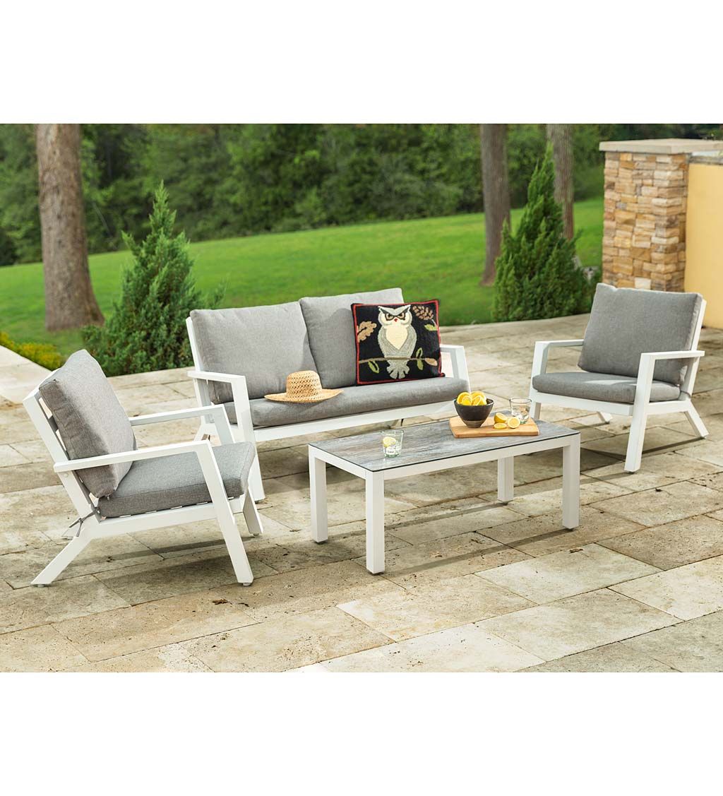 Most Recent Green Spring Aluminum 4 Piece Outdoor Seating Set With Cushions – White With White 4 Piece Outdoor Seating Patio Sets (View 4 of 15)