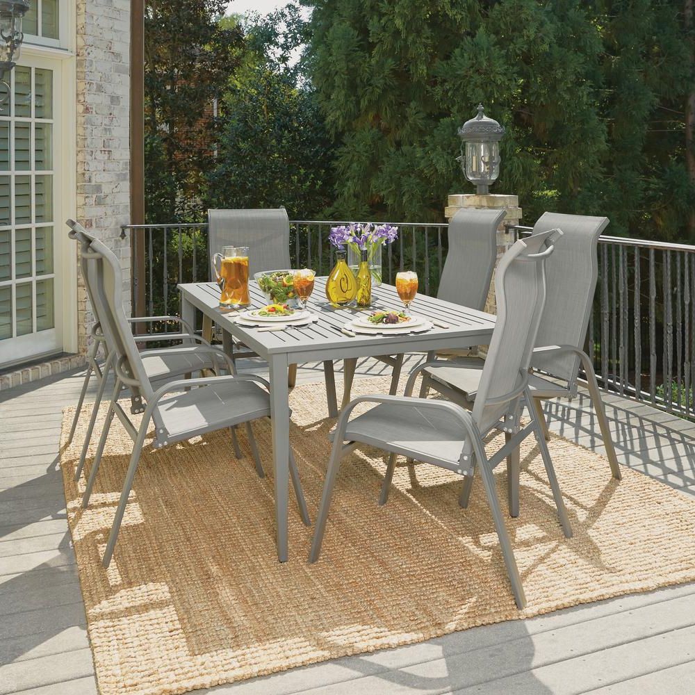 Most Recent Home Styles Daytona Charcoal Gray 7 Piece Aluminum Round Outdoor Dining With 7 Piece Small Patio Dining Sets (View 2 of 15)
