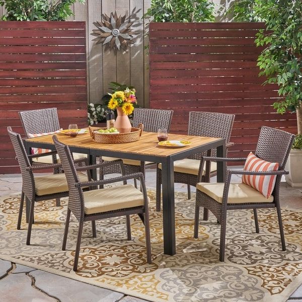 Most Recent Rectangular Outdoor Patio Dining Sets In Shop Goodwin Outdoor 6 Seater Rectangular Acacia Wood And Wicker Dining (View 13 of 15)