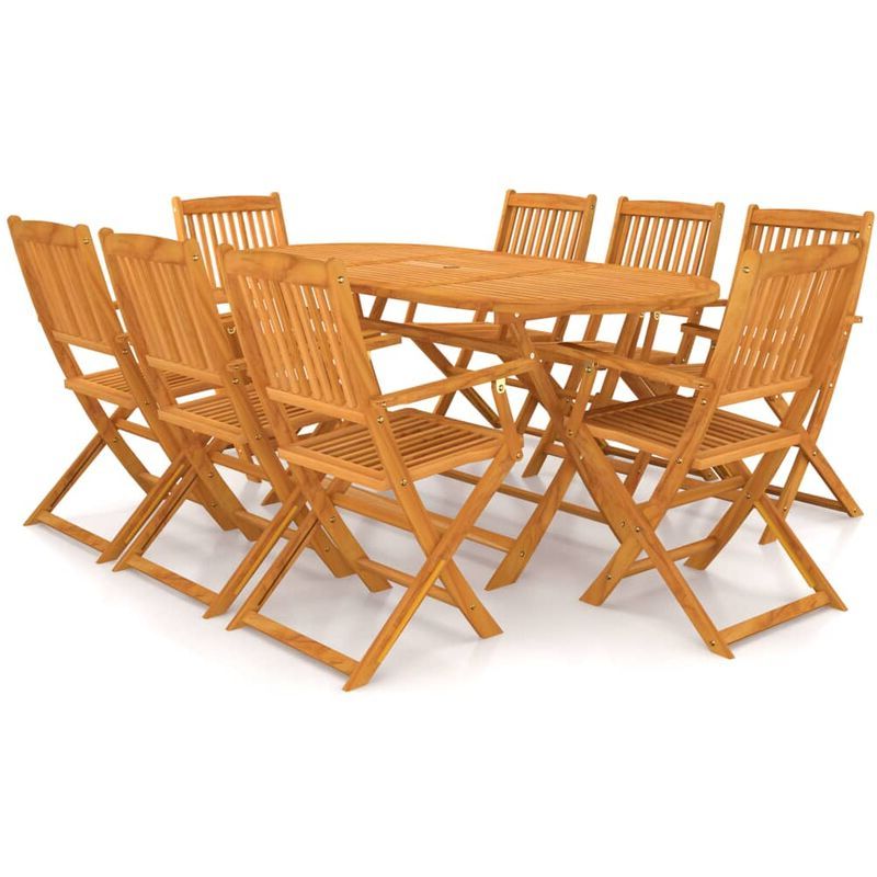Most Recently Released 9 Piece Folding Outdoor Dining Set Solid Acacia Wood Pertaining To Acacia Wood Outdoor Seating Patio Sets (View 5 of 15)