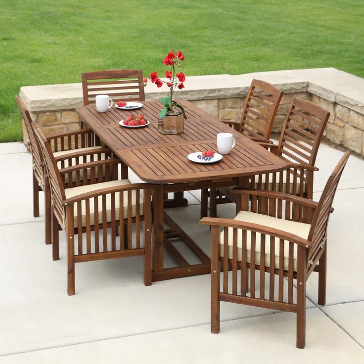 Most Recently Released Dark Brown Patio Dining Sets Regarding Dark Brown Acacia 7 Piece Dining Set (View 9 of 15)