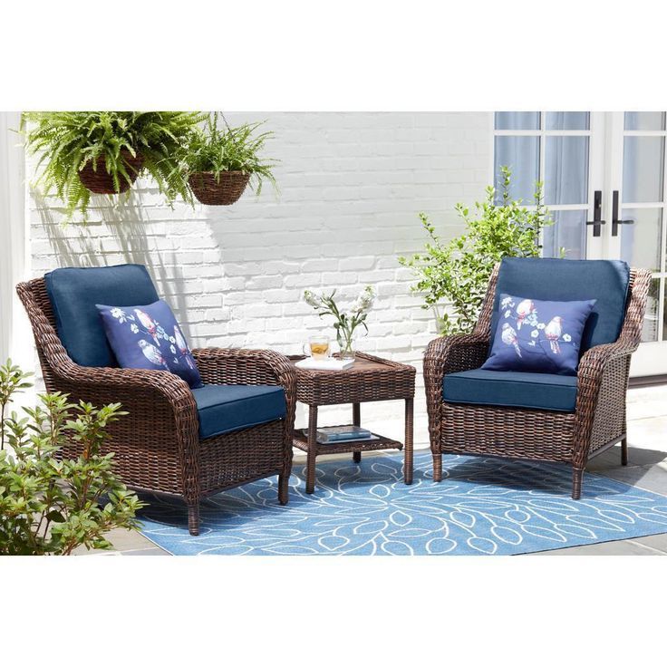 Most Recently Released Hampton Bay Cambridge Brown 3 Piece Wicker Outdoor Bistro Set With Blue For Brown Patio Conversation Sets With Cushions (View 3 of 15)