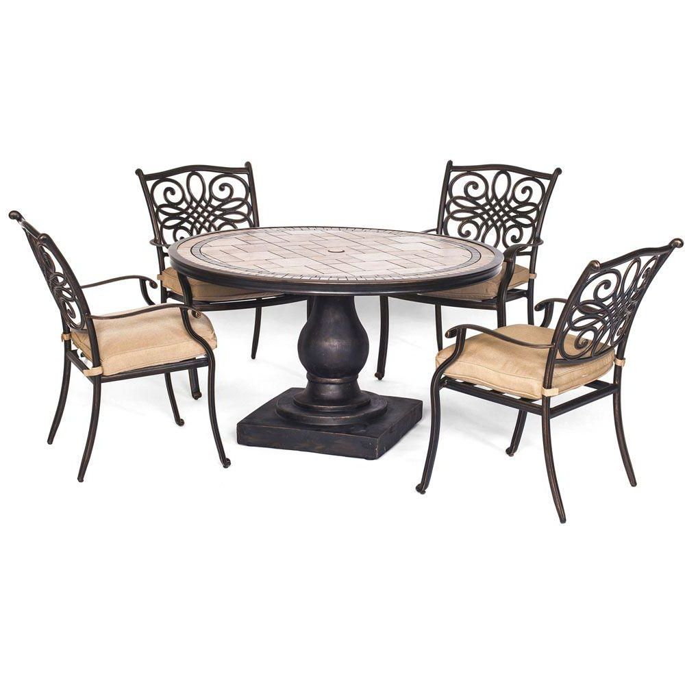 Most Recently Released Hanover Monaco 5 Piece Round Patio Dining Set With Natural Oat Cushions Inside 5 Piece Round Patio Dining Sets (View 12 of 15)