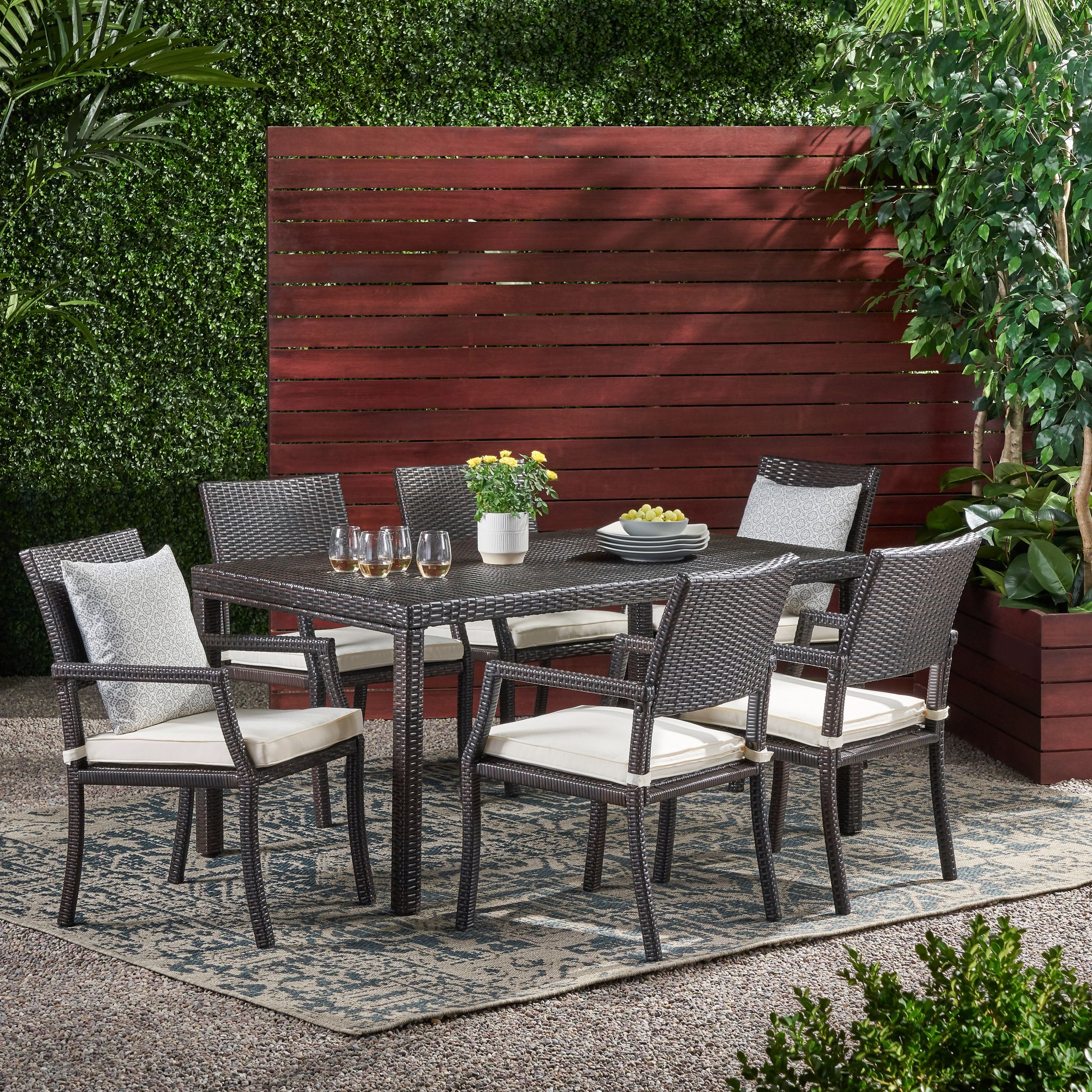 Most Recently Released Outdoor 7 Piece Wicker Rectangular Dining Set,multibrown,white With Regard To Rectangular Patio Dining Sets (View 1 of 15)
