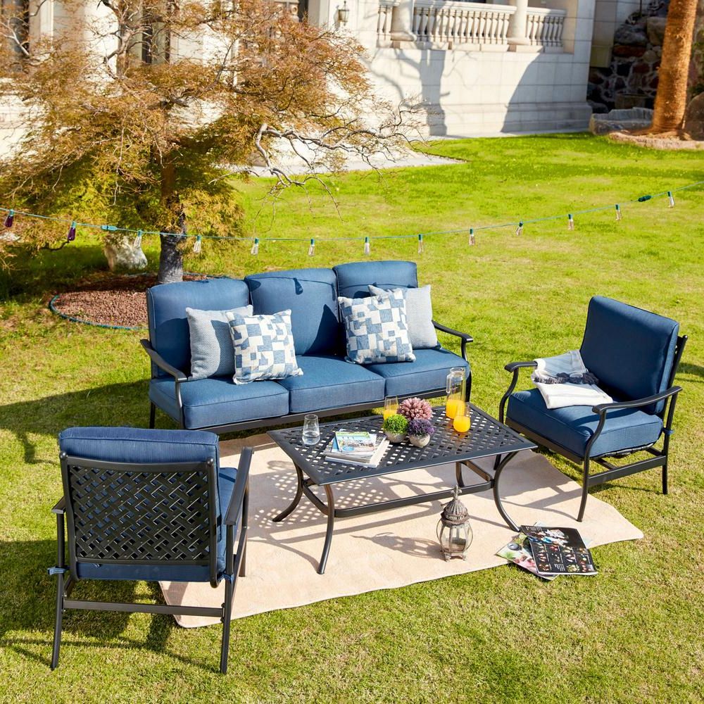 Most Recently Released Patio Festival 4 Piece Metal Patio Conversation Set With Blue Cushions Pertaining To Patio Conversation Sets And Cushions (View 15 of 15)