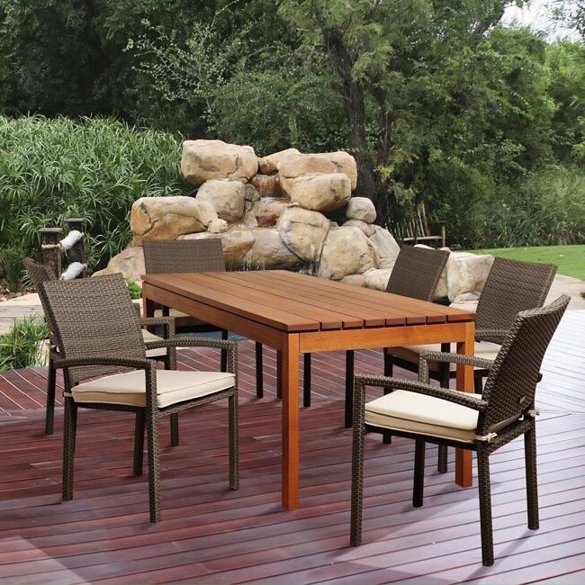 Most Recently Released Shop Amazonia Adriana 7 Piece Eucalyptus And Wicker Outdoor Dining Set With Off White Cushion Patio Dining Sets (View 7 of 15)