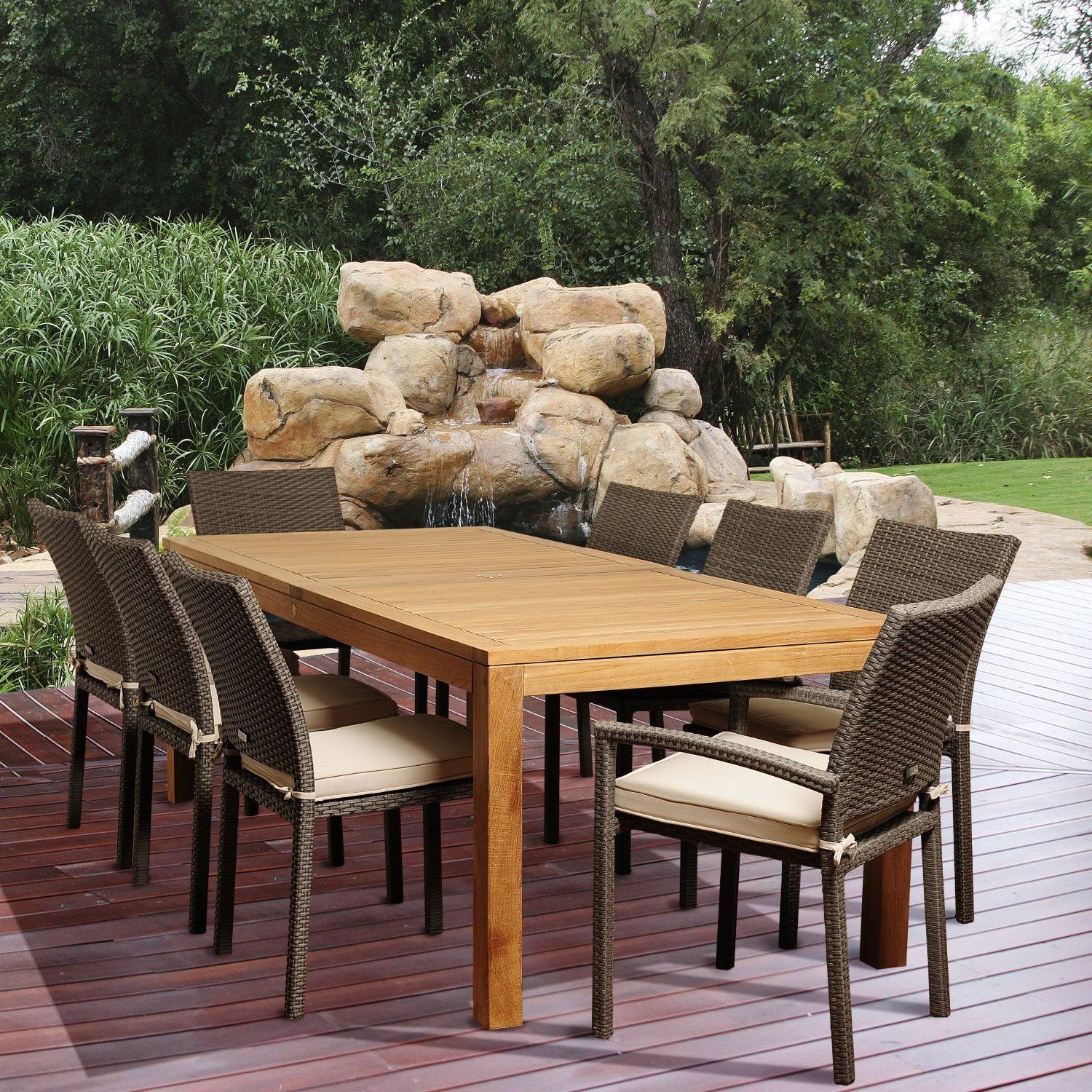 Most Up To Date Amazonia Teak Buffalo 9 Piece Teak/wicker Rectangular Dining Set With With 9 Piece Teak Outdoor Square Dining Sets (View 11 of 15)