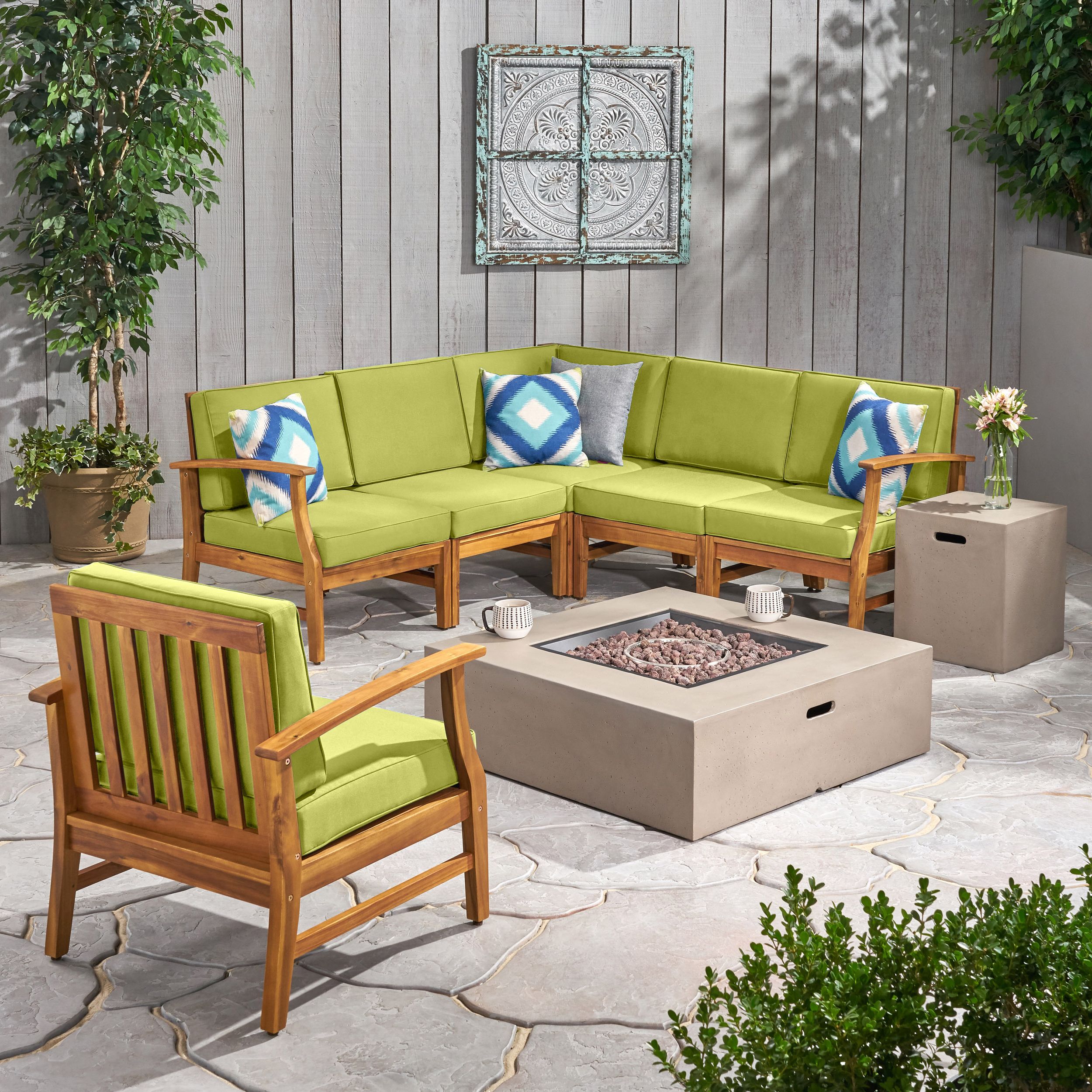 Most Up To Date Ellanese Outdoor 6 Seater Acacia Wood Sofa Set With Square Fire Table Throughout Gray Outdoor Table And Loveseat Sets (View 10 of 15)
