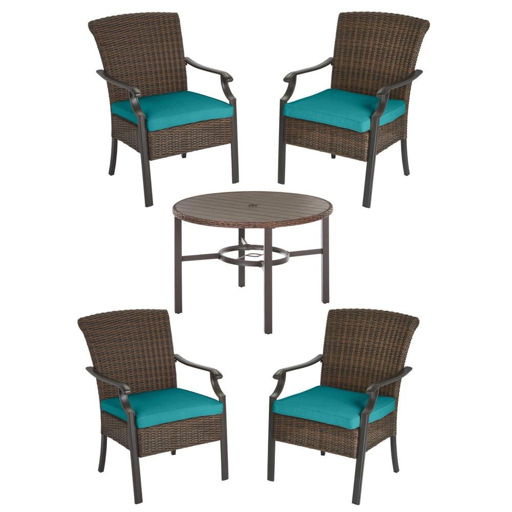 Most Up To Date Green 5 Piece Outdoor Dining Sets Pertaining To Hampton Bay Harper Creek Brown 5 Piece Steel Outdoor Patio Dining Set (View 10 of 15)