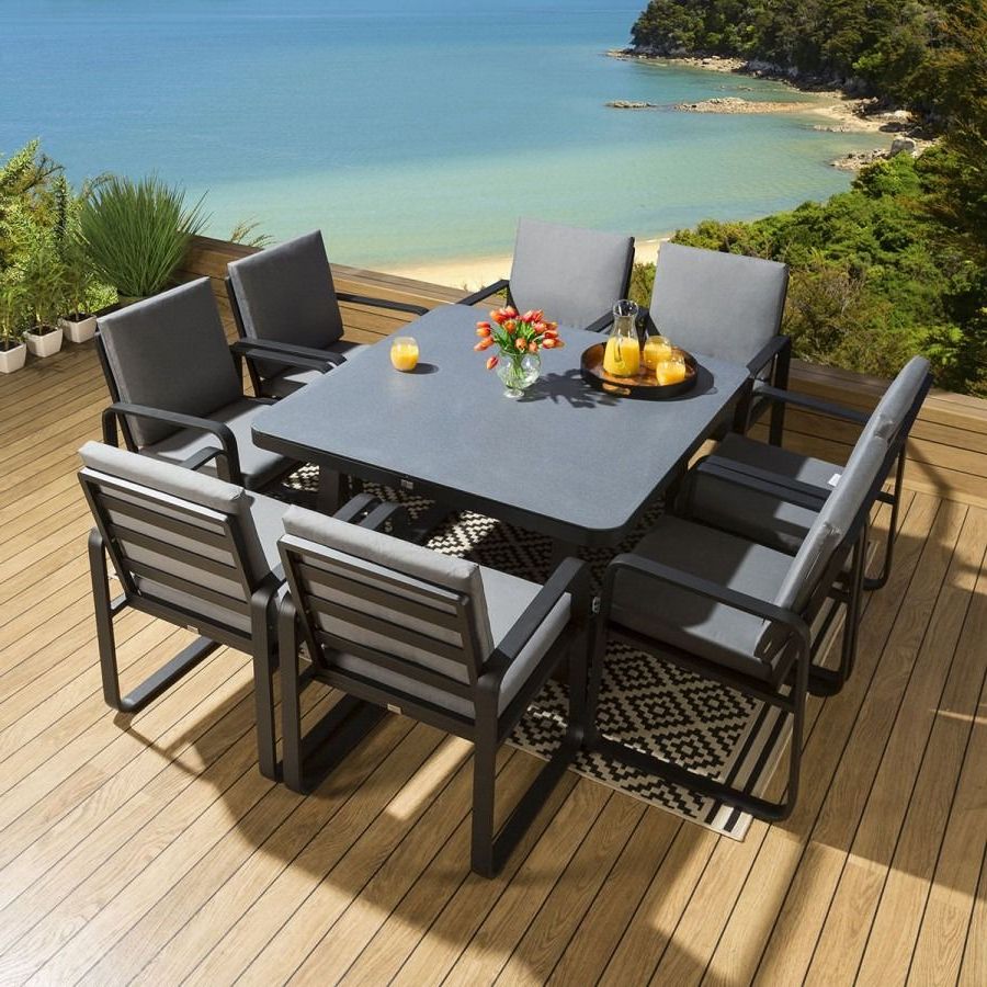 Most Up To Date Large Garden Square Ceramic Dining Set Table 8 Chairs Black Alum Grey Within Black And Gray Outdoor Table And Chair Sets (View 3 of 15)