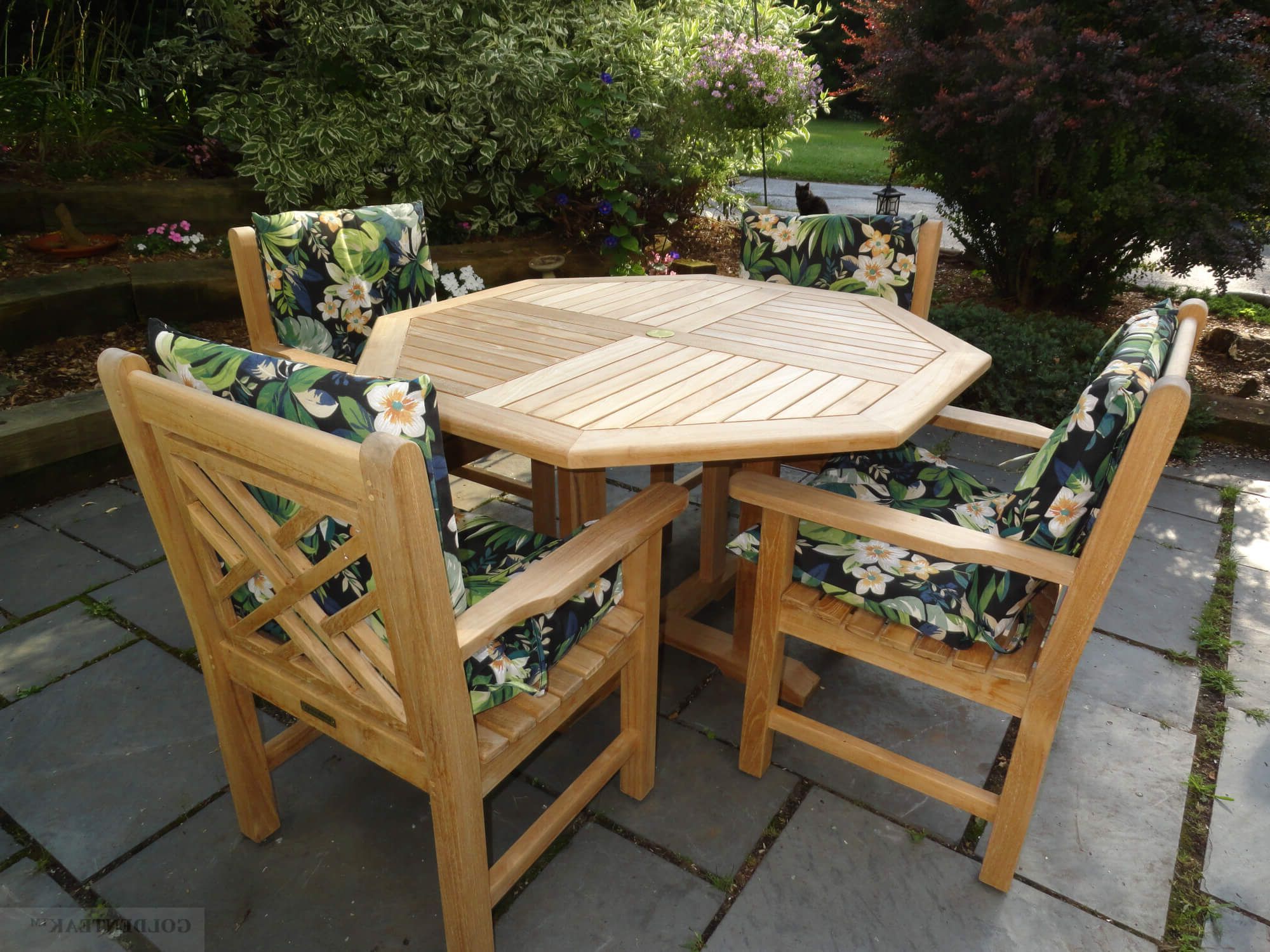 Most Up To Date Octagonal Outdoor Dining Sets In Teak Dining Set, Octagon Table 51in & 4 Chippendale Chairs With Arms (View 3 of 15)