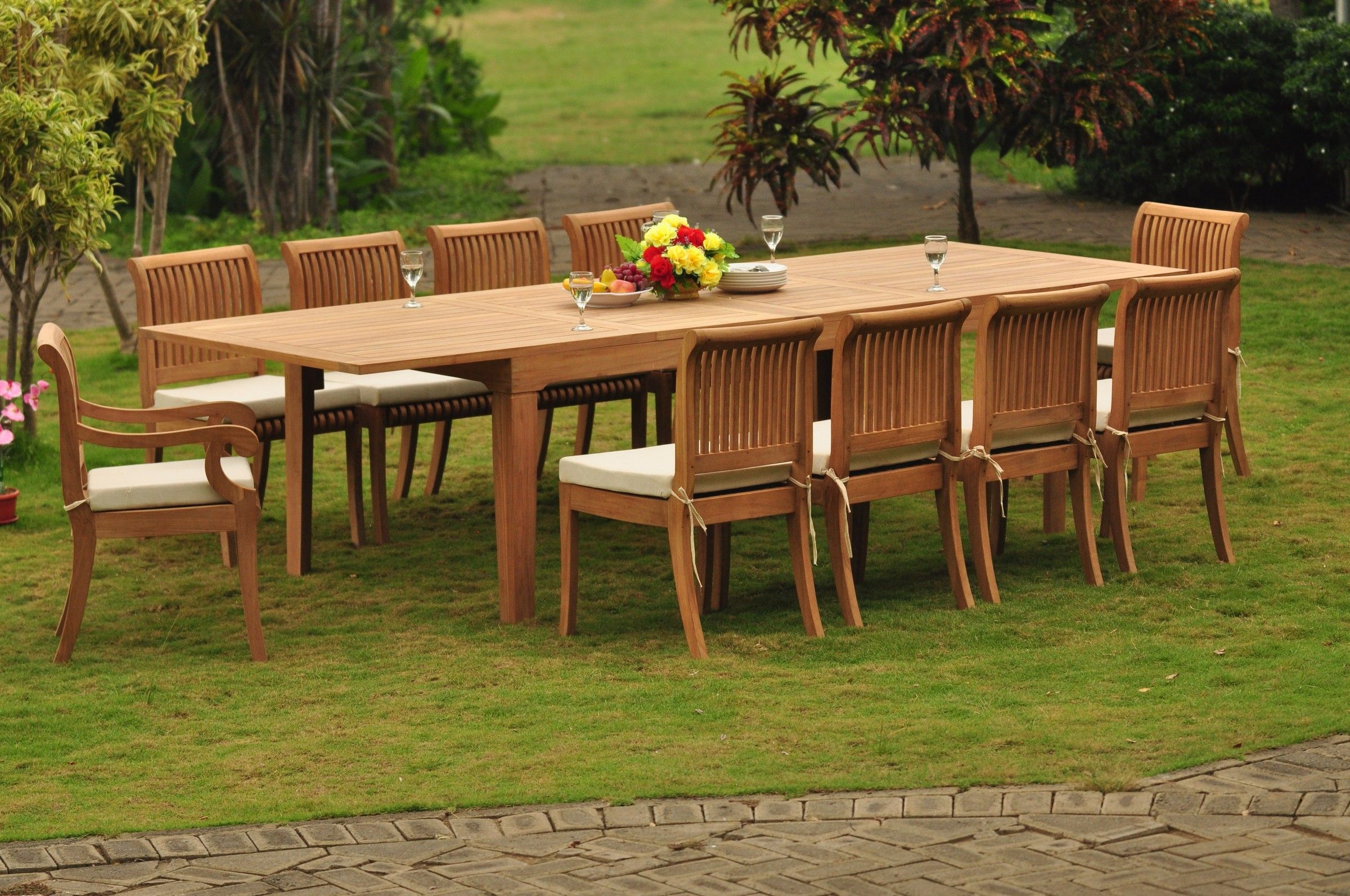 Most Up To Date Teak Wood Outdoor Table And Chairs Sets In Teak Dining Set: 10 Seater 11 Pc: Large Caranasas 122" Dining Rectangle (View 9 of 15)