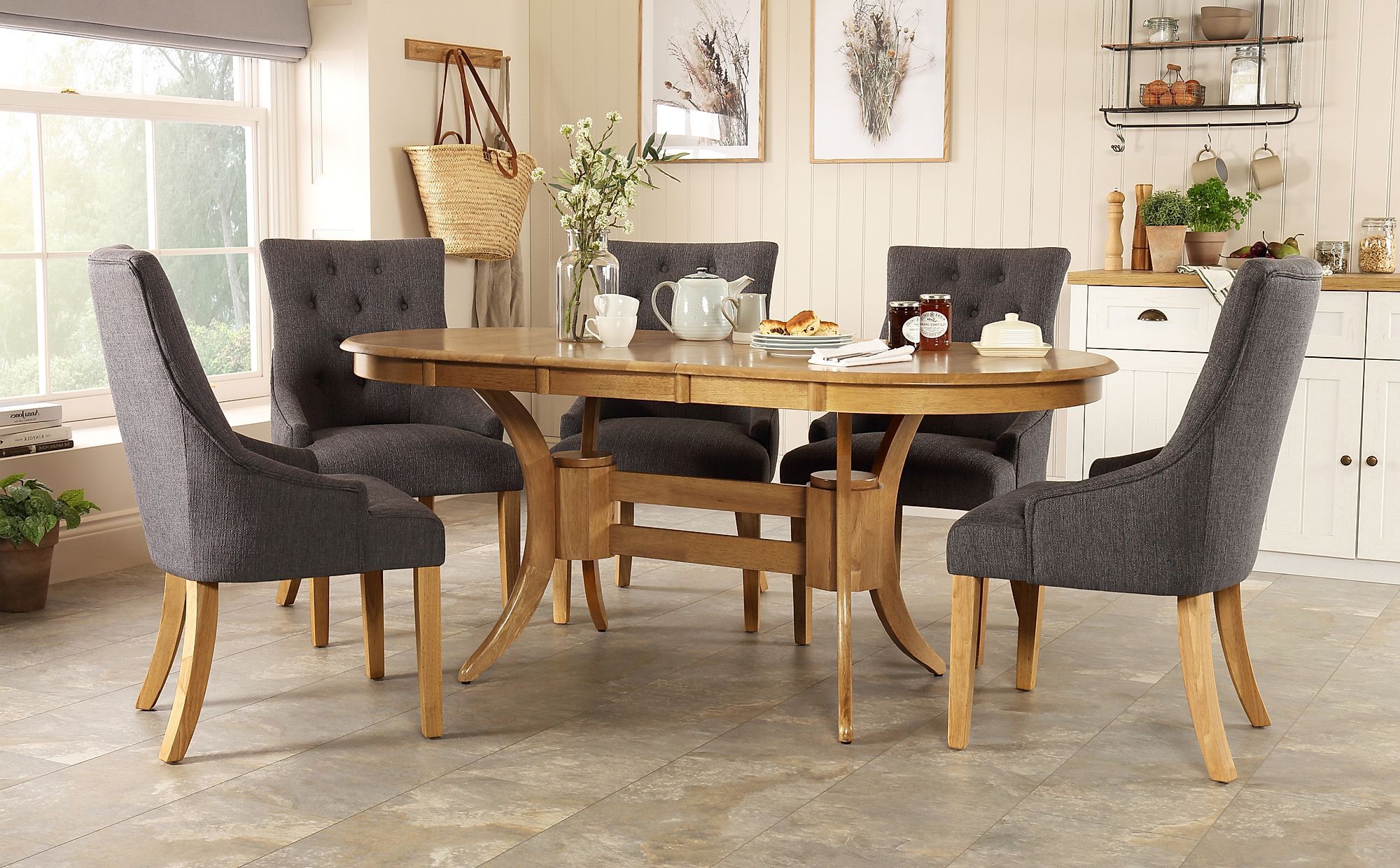 Most Up To Date Townhouse Oval Oak Extending Dining Table With 6 Duke Slate Fabric With Extendable Oval Dining Sets (View 4 of 15)
