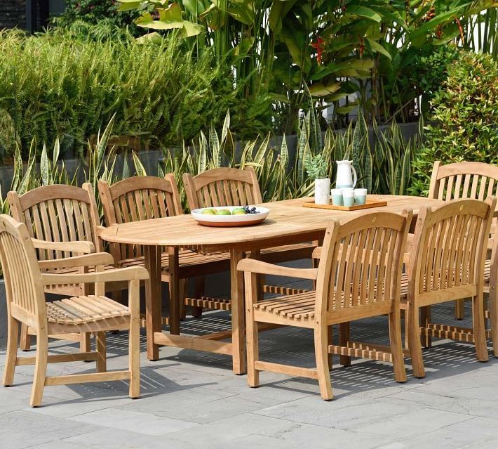 Nassau 9 Piece Oval Table & Placid Teak Dining Armchair Set Regarding Most Recent 9 Piece Teak Wood Outdoor Dining Sets (View 9 of 15)