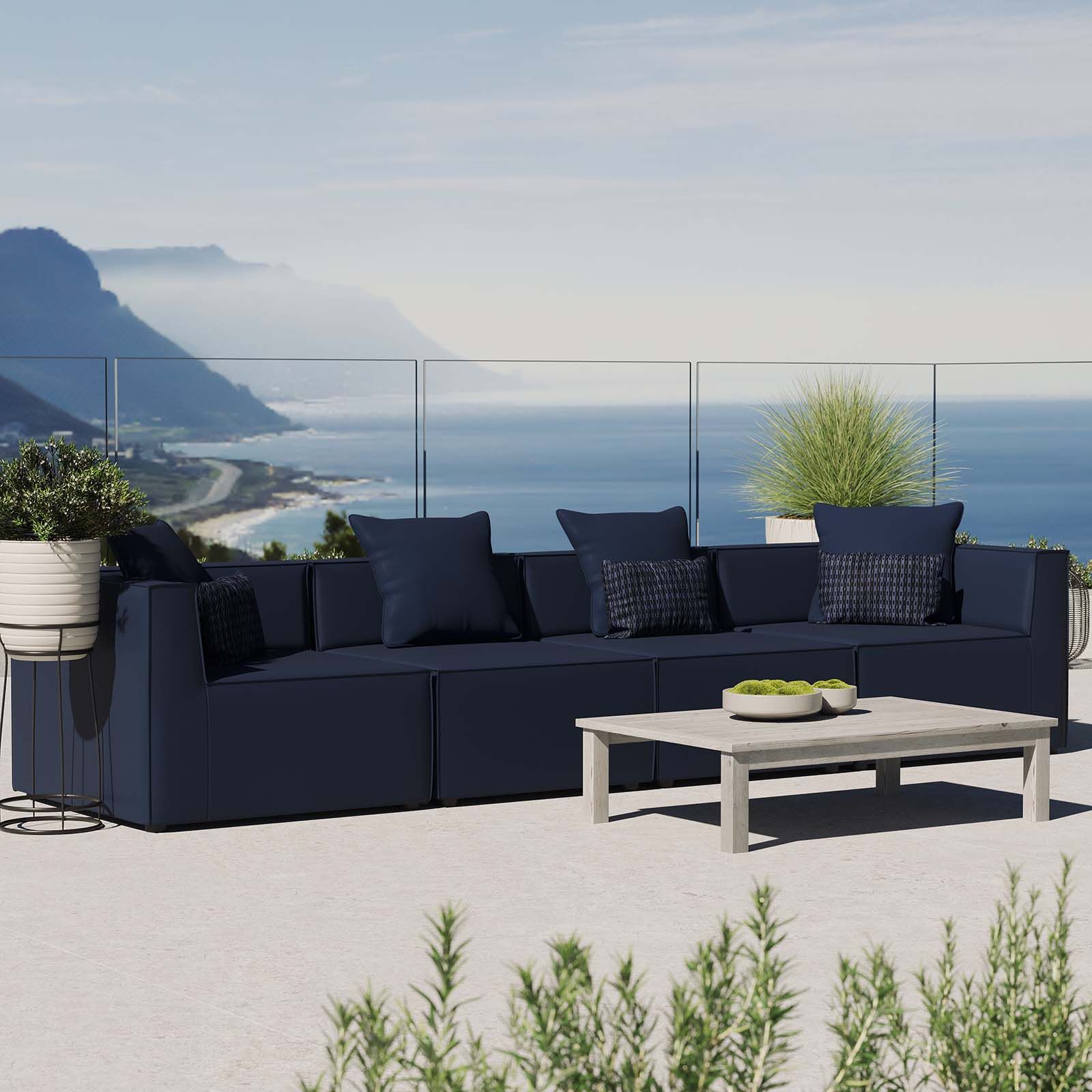 Navy Outdoor Seating Sectional Patio Sets Pertaining To Most Up To Date Saybrook Outdoor Patio Upholstered 4 Piece Sectional Sofa In Navy (View 1 of 15)