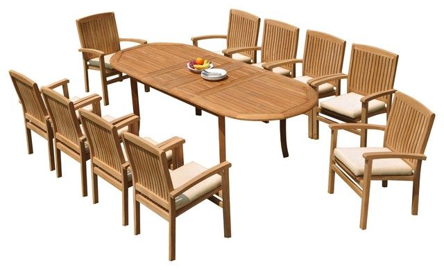 Newest 11 Piece Outdoor Teak Dining Set: 94" Oval Table, 10 Wave Stacking Arm For 11  Piece Teak Outdoor Dining Set (View 12 of 15)