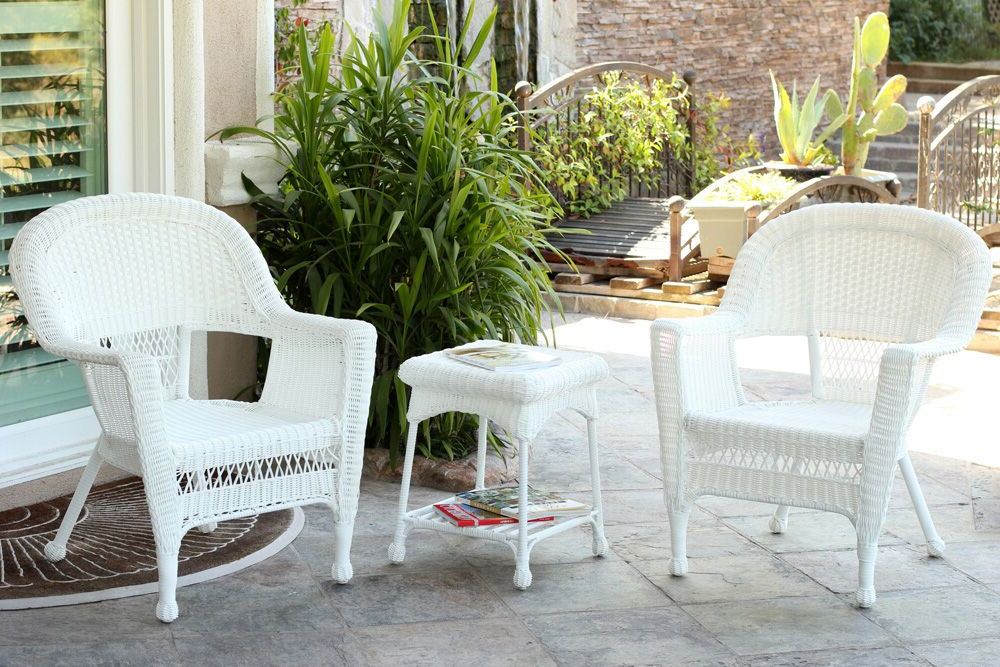Newest 3 Piece White Resin Wicker Patio Chairs And End Table Furniture Set Regarding 3 Piece Outdoor Table And Loveseat Sets (View 15 of 15)